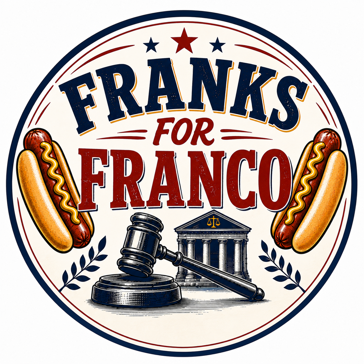 Franks for Franco fundraiser logo with hot dogs, a gavel, and a courthouse